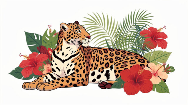 leopard resting among tropical flowers and lush green leaves with vibrant red hibiscus plants