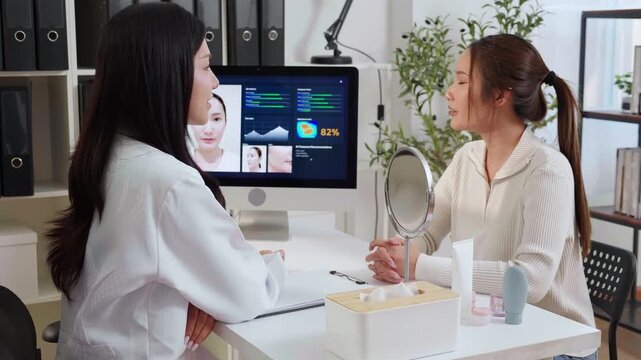 Asian woman patient and doctor looking at computer screen with ai skin analysis, dermatologist discussing skin care facial, professional explaining beauty treatment, technology for healthcare.