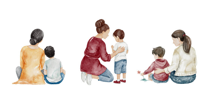 Watercolor illustration featuring a faceless mother and young son in various heartwarming poses with an aesthetic semi realistic style.