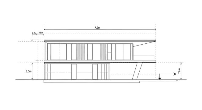 Detailed architectural line drawing of a modern house elevation with measurements and structural dimensions