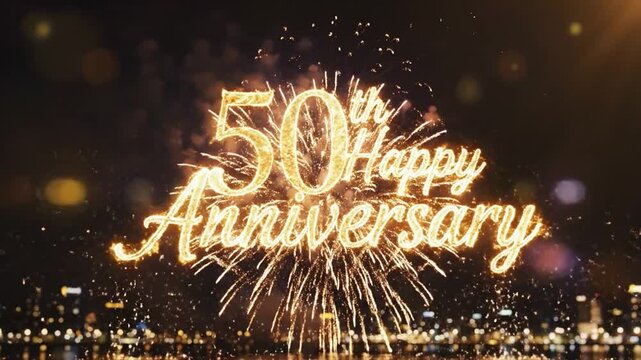 Detailed Close Up Of Spectacular Golden Particle Fireworks And Sparks Display Celebrating 50th Happy Anniversary Typography In Festive Celebration Animation Digital Milestone Commercial