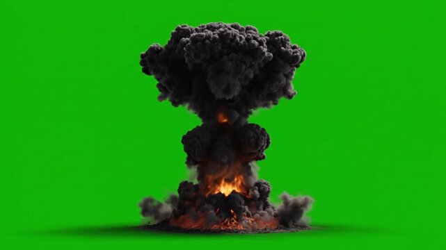 Massive Cinematic Fireball Explosion Erupting With Smoke on Green Screen