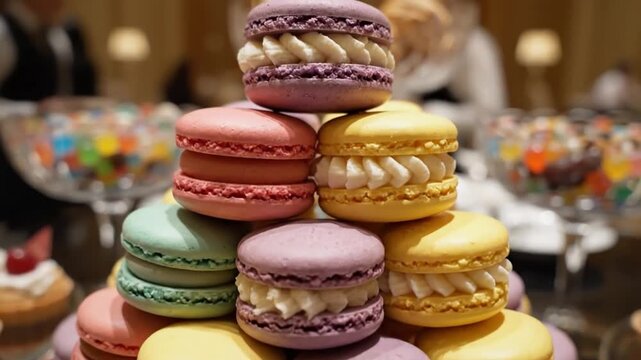 Detailed Close Up Of Stack Of Fresh Pastel Colored Macarons Made From Almond Flour On Elegant Gourmet Buffet Candy Bar Expensive French Confectionery Commercial