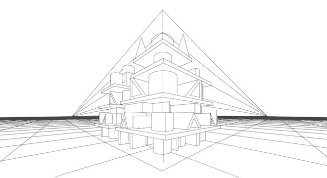 Precise line art illustration of geometric shapes stacked in a two point perspective architectural wireframe