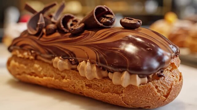 Traditional French Chocolate And Coffee Eclair Pastry With Shiny Glaze Displayed On Elegant Surface Classic Patisserie Commercial