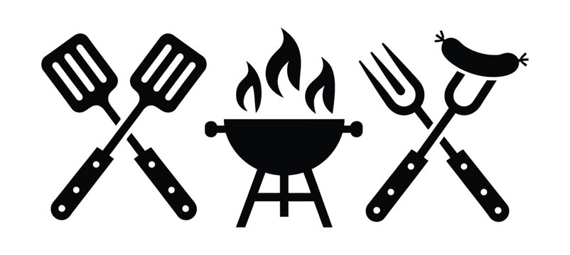 Barbecue grill icon set, cooking tools symbols, flame sausage spatula fork elements, summer picnic backyard party vector set.