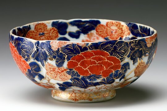 Antique japanese imari bowl featuring ornate floral pattern on a neutral studio background in a sharp focus shot for antique marketing and museum branding