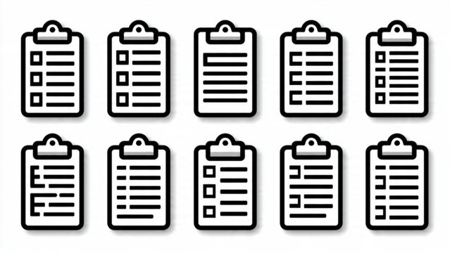 Set of ten black and white paper clipboards with lined sheets for note taking displaying customizable documents
