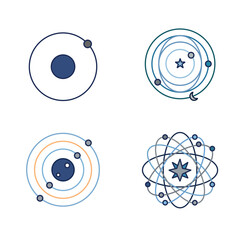 Atomic Structure and Planetary Orbit Icons Set with Science and Astronomy Inspired Designs. Modern Atom Symbols for Physics Education, Technology Concepts and Research Projects. © vector studio