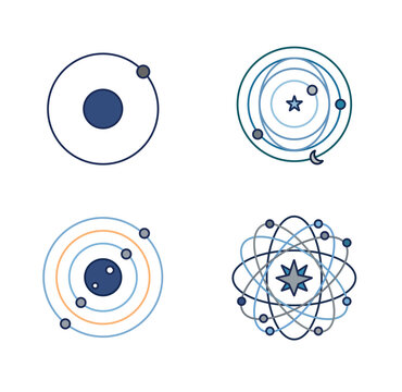 Atomic Structure and Planetary Orbit Icons Set with Science and Astronomy Inspired Designs. Modern Atom Symbols for Physics Education, Technology Concepts and Research Projects.