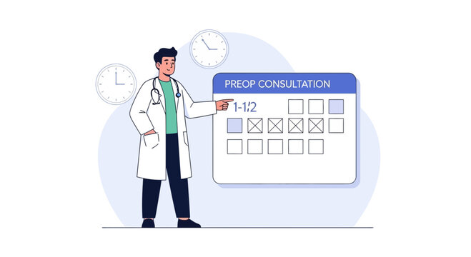 Doctor pointing to pre-op consultation schedule on calendar, time management in healthcare, medical appointment planning