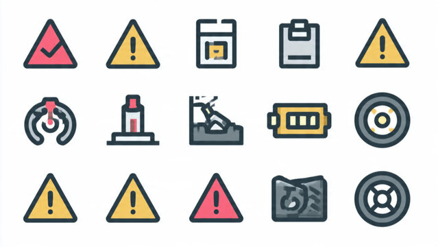 Colorful warning signs with geometric shapes and icons indicating hazards and safety messages in a visually engaging manner