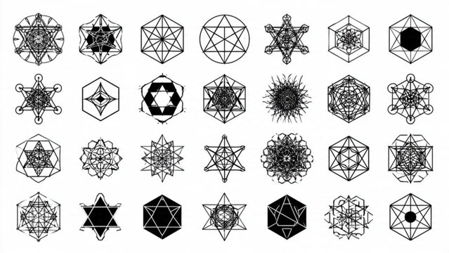 Collection of geometric wireframe shapes with intricate patterns and three dimensional structures in black and white visual style