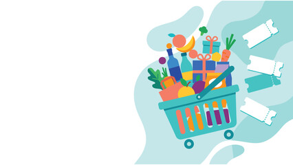 Colorful grocery shopping cart filled with fresh produce and reusable items. © Kyle