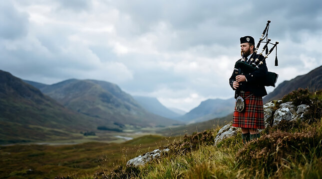 Traditional scottish bagpiper playing in the misty highlands