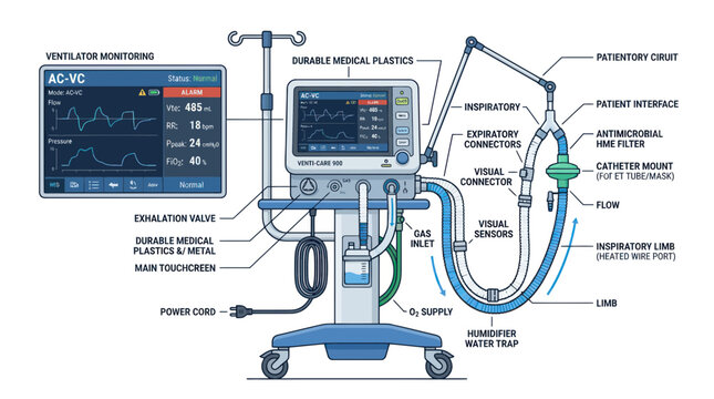 Mechanical ventilator machine with labeled parts and sensor display