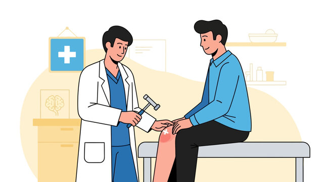 Doctor examining patient's knee with reflex hammer in clinic, medical checkup