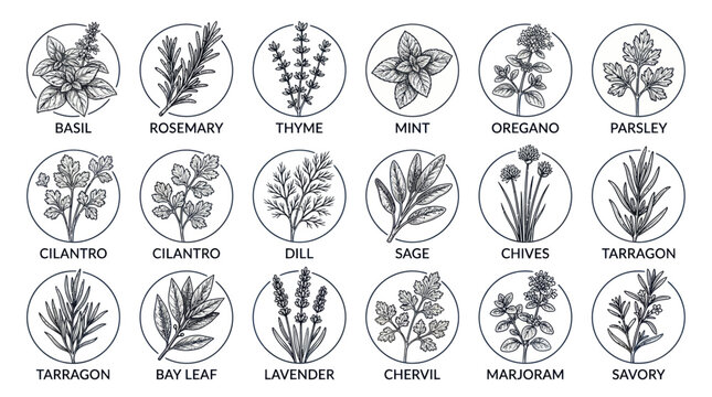 Culinary herbs and spices collection with hand drawn vintage sketches