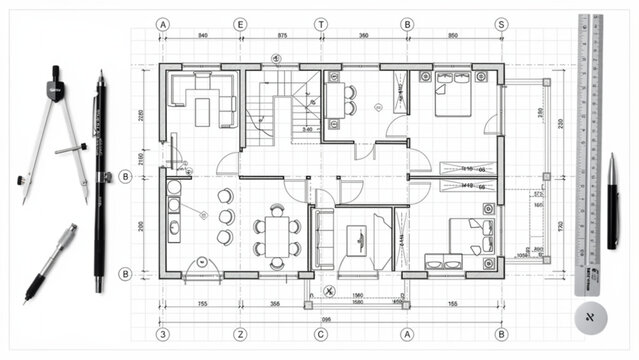 Architectural blueprint of an interior living space with detailed room layouts and measurements for construction