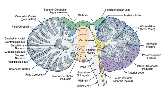 Anatomical cross section of the human cerebellum and brainstem