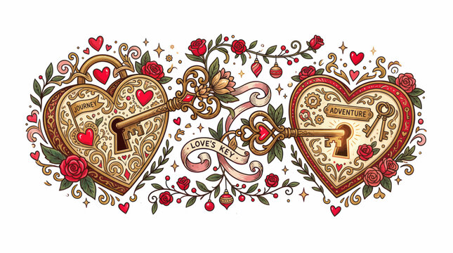 Ornamental heart shaped padlocks and keys with vintage roses