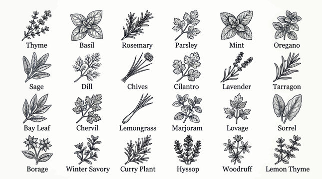 Hand drawn culinary herbs and aromatic botanical garden plant set