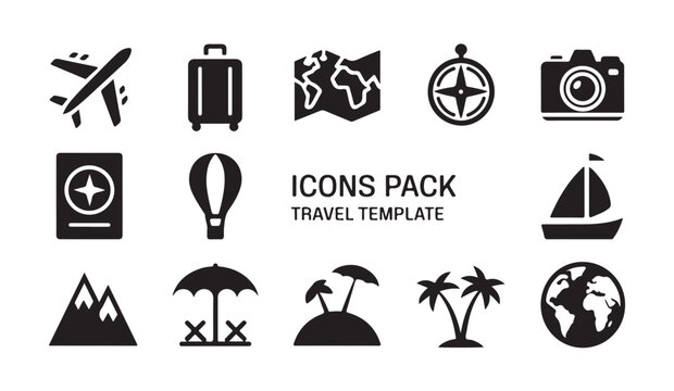 Travel icons for global exploration, vacation, and adventure.