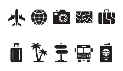 Travel vacation icons set airplane globe camera map suitcase bus passport palm. © MD.RAHIM