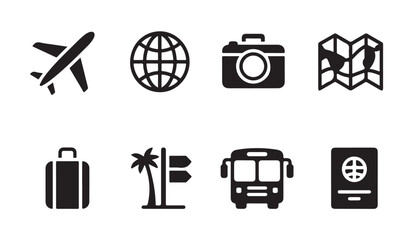Travel vacation symbols set airplane globe camera map suitcase bus passport signs. © MD.RAHIM