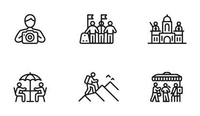 Obraz premium Travel tourism icons people photographer group building hiking cafe market.