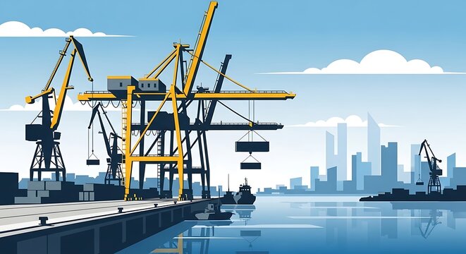 Industrial port crane loading cargo ship at dockyard.