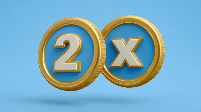 Two gold-edged coins with "2" and "X" in white lettering float against a blue background, symbolizing multiplication or double value.