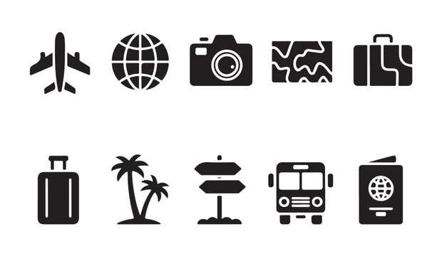 Travel vacation icons set airplane globe camera map suitcase bus passport palm.