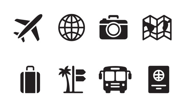 Travel vacation symbols set airplane globe camera map suitcase bus passport signs.