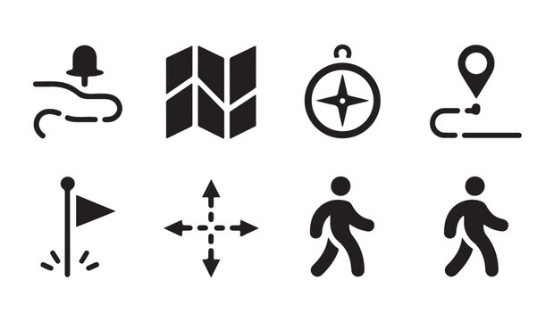 Navigation icons set hand map compass route marker flag arrows walkers people.