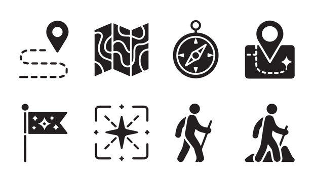 Navigation and trekking icon set with map, compass, and hikers for adventure.