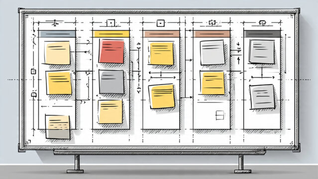 whiteboard with various colored notes and diagrams for team planning and brainstorming sessions