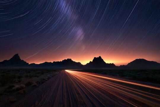 Star trails over desert highway with vehicle light trails in a cinematic long exposure for automotive marketing