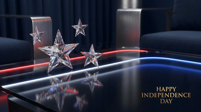 Celebratory stars shine on a dark table with patriotic lights on Independence Day