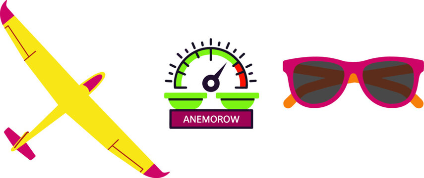 Summer Travel Icon Set with Yellow Glider Airplane, Anemometer Wind Gauge, and Pink Sunglasses for Vacation, Aviation, and Weather Design Projects