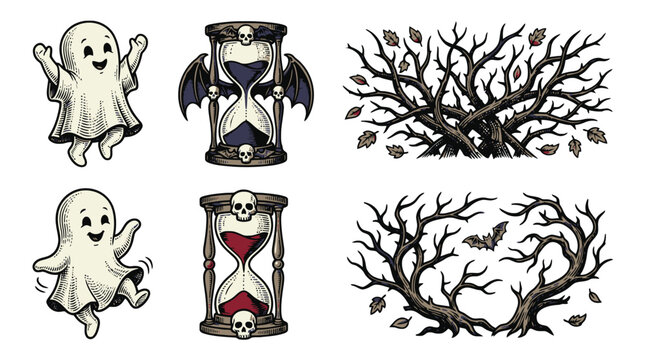 Halloween haunted icons set with ghosts skulls hourglass and leafless tree vector.
