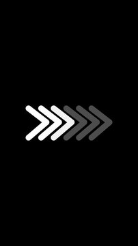Minimalist digital loading animation featuring series of moving white chevron arrows sequence blinking on plain black background design concept for website or interface development.