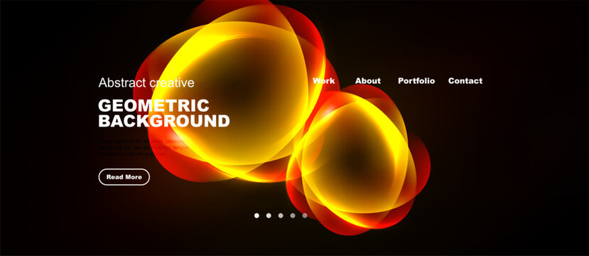Dynamic abstract shapes, vibrant colors, dark background. Website header with navigation elements, text overlay, button visible.