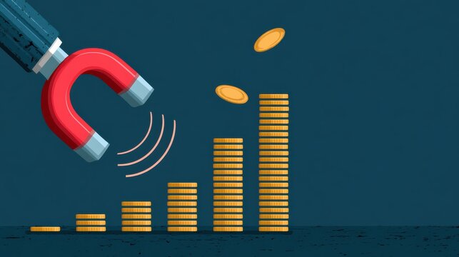 A magnet attracting stacks of gold coins arranged in ascending order, symbolizing wealth growth or financial attraction.