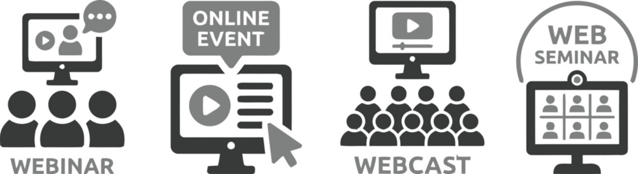 Webinar, Online Event, Webcast and Web Seminar Icons Set