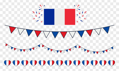 Obraz premium Collection of French national symbols including a flag bunting and heart shapes isolated on transparent background