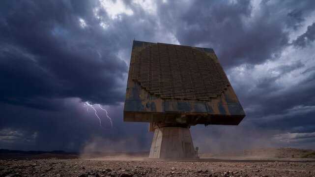 Storm clouds cover the desert. Satellite dish stands alone. Dust swirls around its base. Lightning flashes illuminate the scene. The sky is dark and threatening. Ideal for weather or science themes