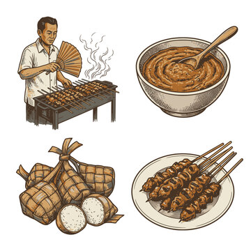 Vector BBQ Cooking Scene with Chef Bowl Sauce and Meat Skewers.