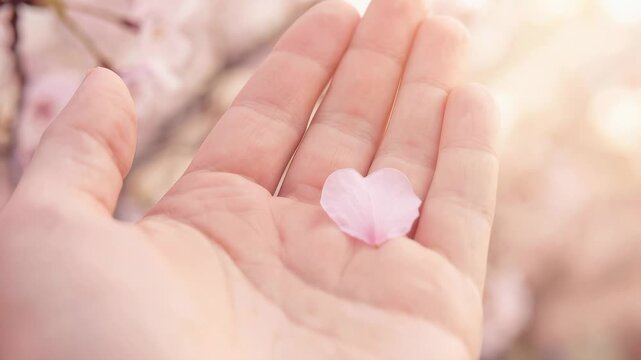 Hand cradles a single pink cherry blossom petal. Soft background features blooming pink flowers and warm light. Person's calm gesture shows quiet appreciation. Ideal for spring events or nature themes