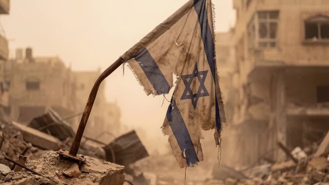 Torn flag with Star of David hangs on a rusted pole. Dust clouds swirl around the ruins. Broken walls and structures are visible. No people are present. Destruction